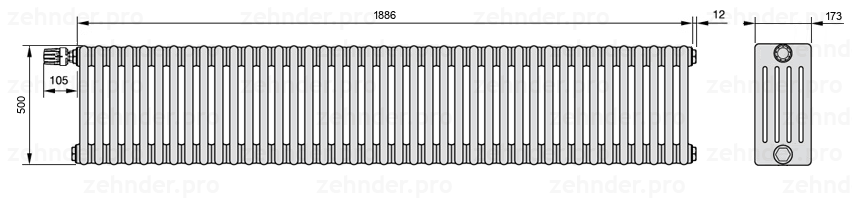 Схема (чертеж) Радиатор Zehnder Charleston 5050/41 №V012 Белый глянцевый RAL 9016